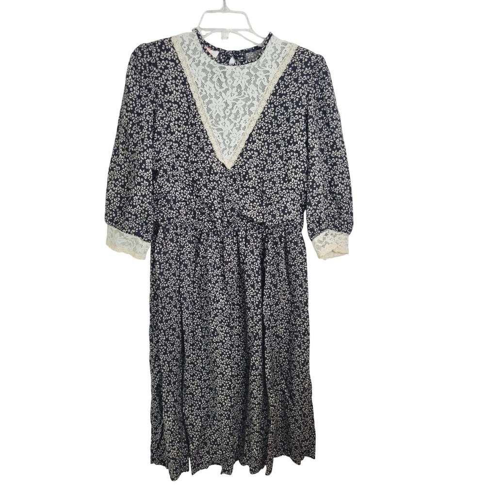 Lady Carol Vintage Dress‎ Floral Lace Bib Cottagecore Prairie Black Womens S/M